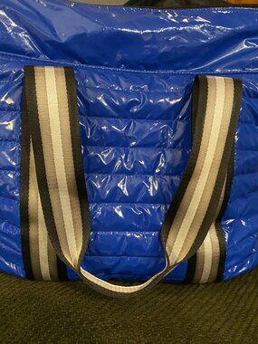 Think Royln Patent Wingman Puffer Tote Large Cobalt Blue Travel Shoulder Bag